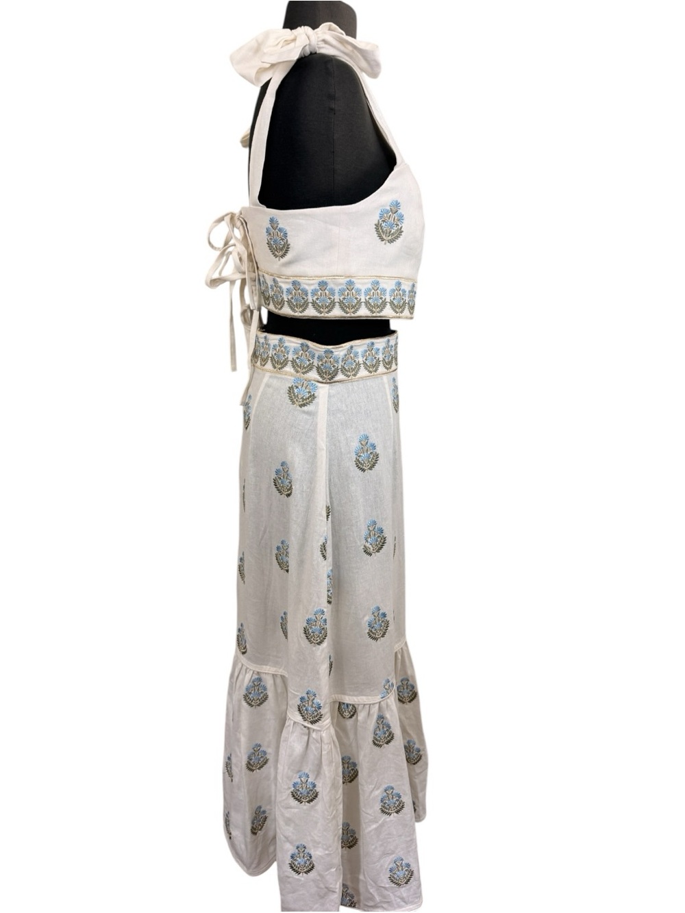 Rosewater House Cream Embroidered Tie-Shoulder Maxi Skirt Set White Linen - Picture 2 of 15
